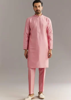 Pink Cotton Silk Jacket Kurta Set With Mirror And Dori Work