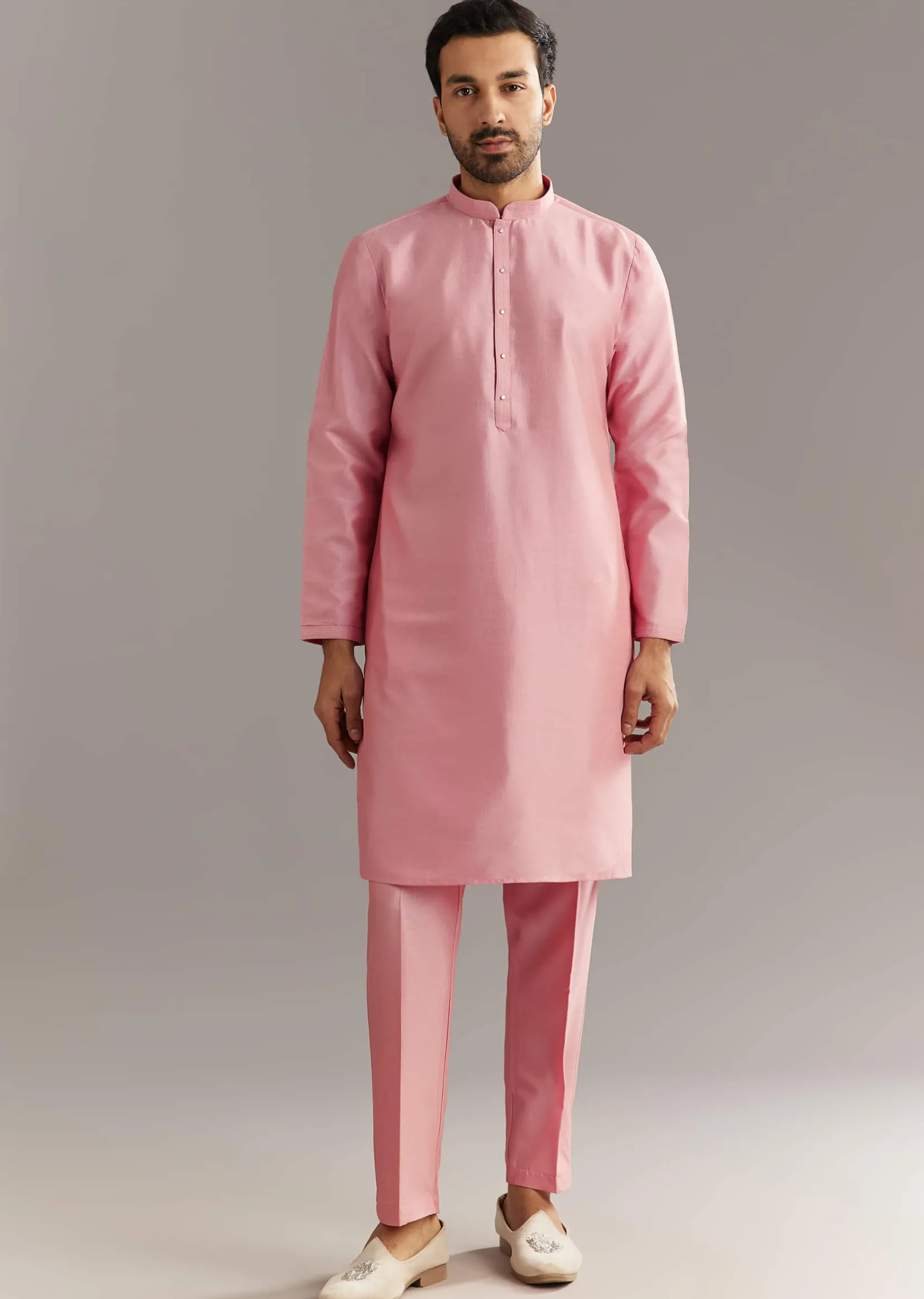 Pink Cotton Silk Jacket Kurta Set With Mirror And Dori Work