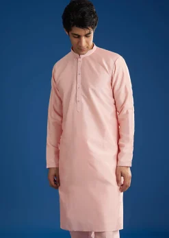 Pink Cotton Silk Jacket Kurta Set With Threadwork