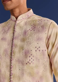 Pink Cotton Silk Tie Dye Printed Kurta Jacket Set With Mirror Work