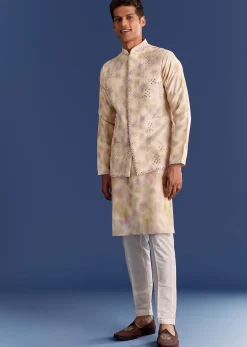 Pink Cotton Silk Tie Dye Printed Kurta Jacket Set With Mirror Work