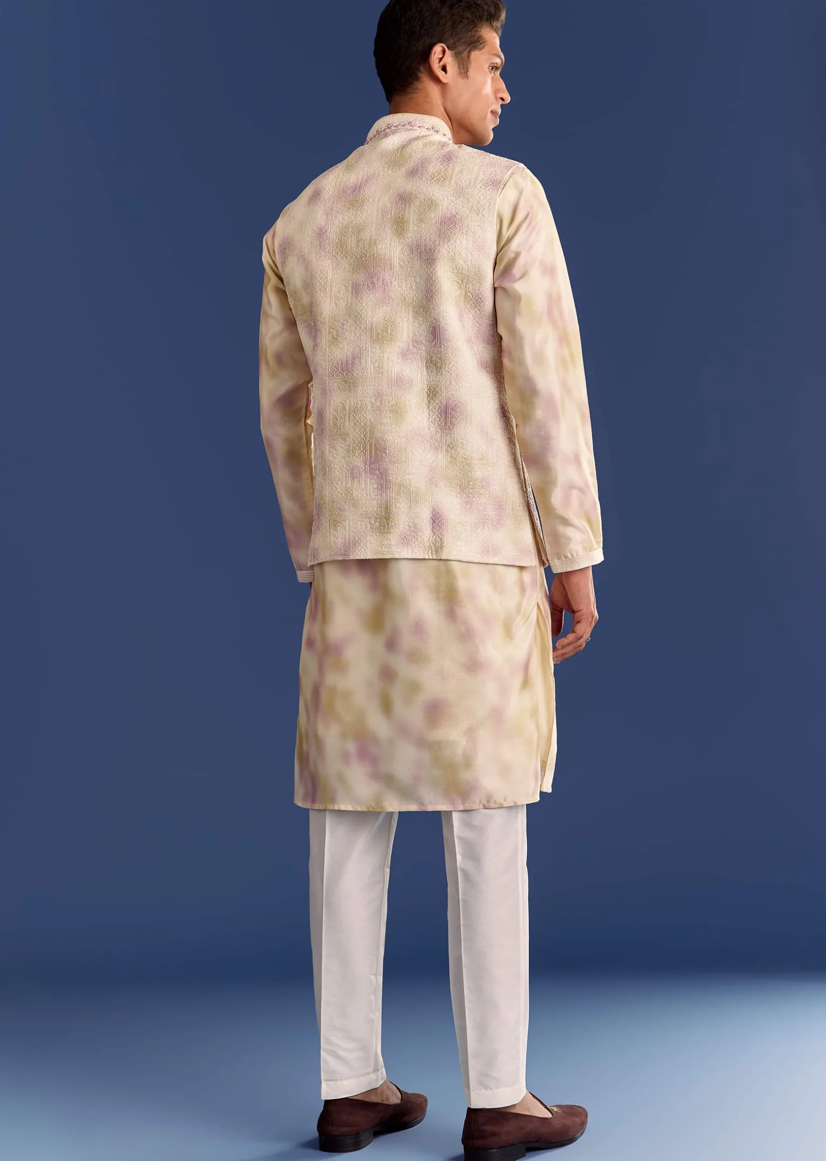 Pink Cotton Silk Tie Dye Printed Kurta Jacket Set With Mirror Work