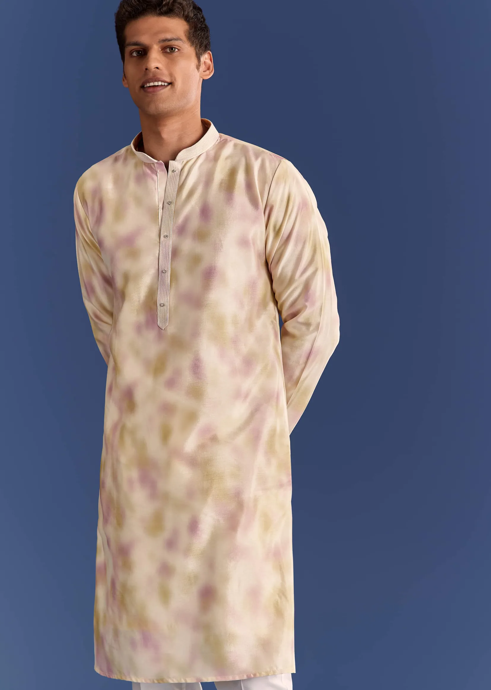 Pink Cotton Silk Tie Dye Printed Kurta Jacket Set With Mirror Work