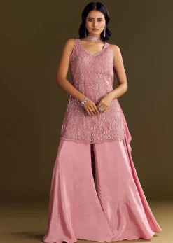 Pink Crepe Embroidered Kurta Palazzo Suit Set With Net Choker Dupatta