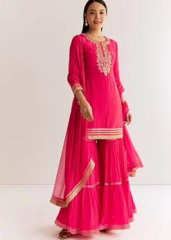 Pink Crepe Kurta Set With Zardosi And Sequins Dupatta