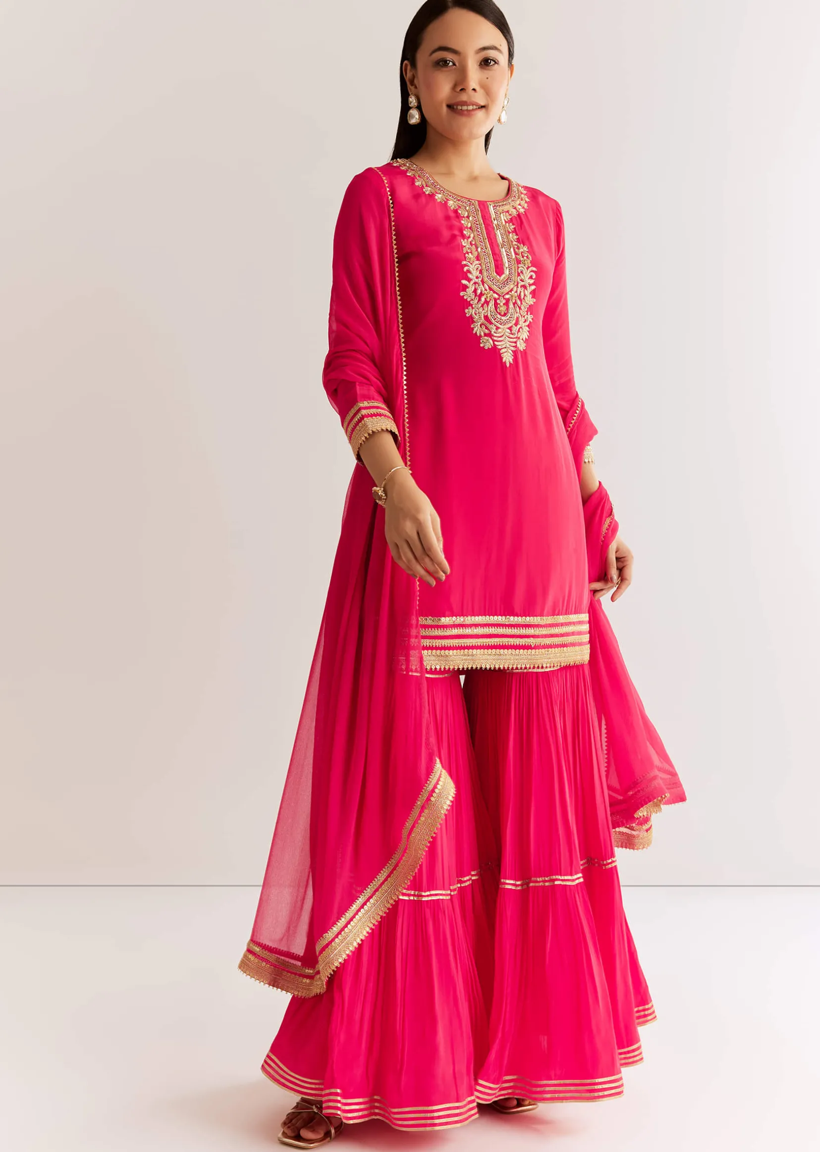 Pink Crepe Kurta Set With Zardosi And Sequins Dupatta