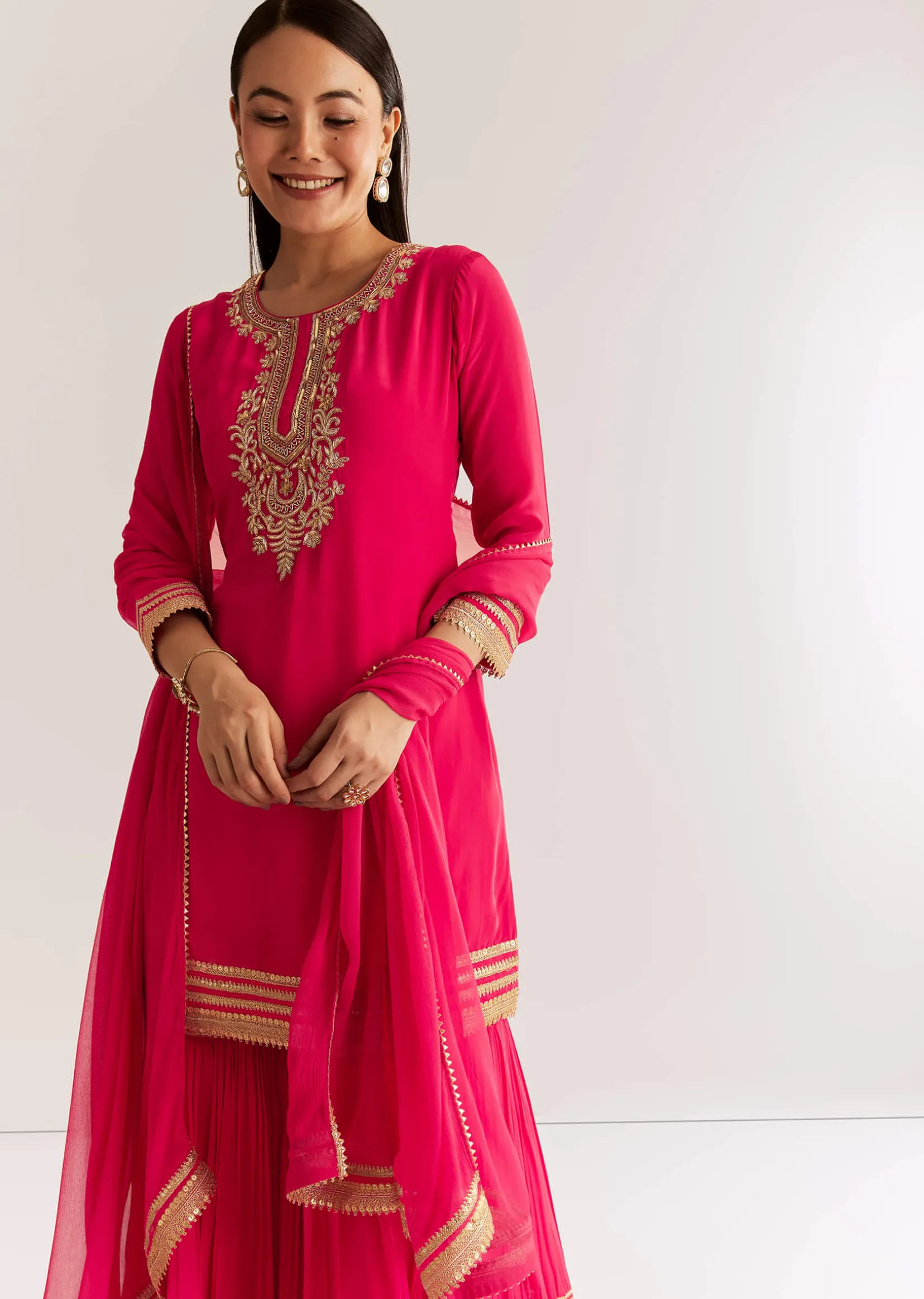 Pink Crepe Kurta Set With Zardosi And Sequins Dupatta