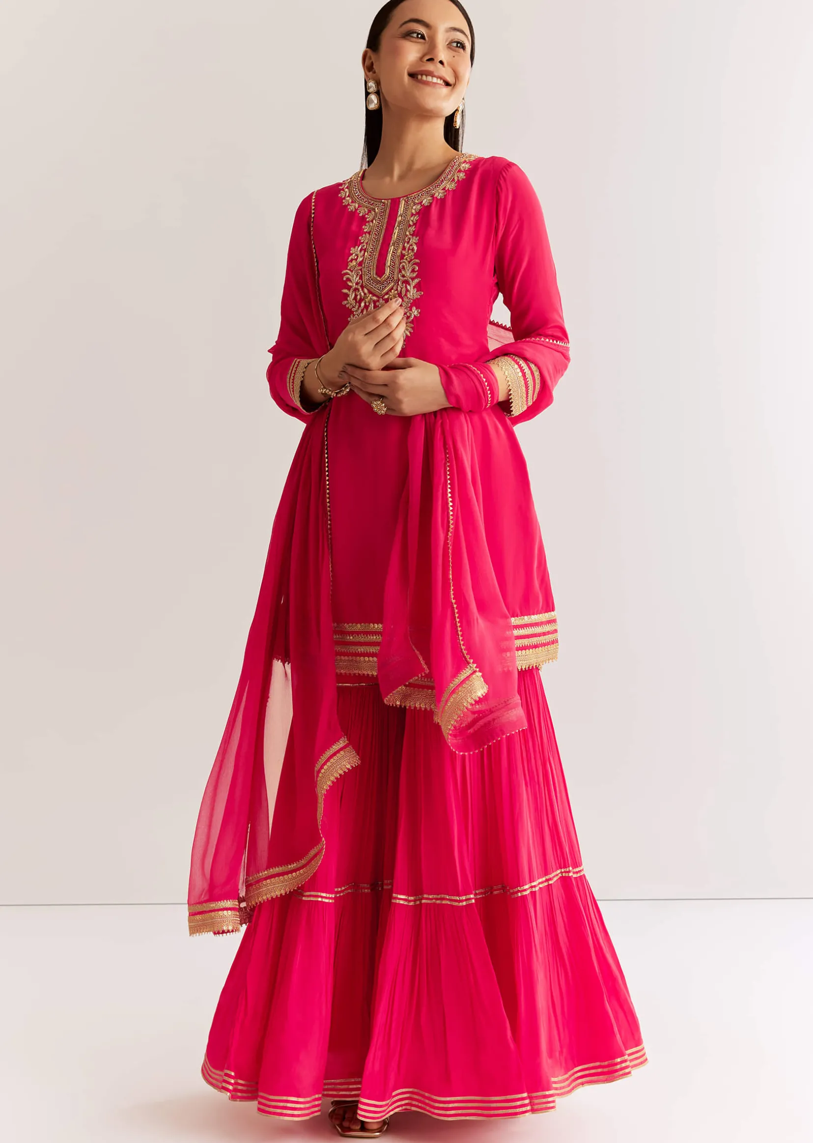Pink Crepe Kurta Set With Zardosi And Sequins Dupatta