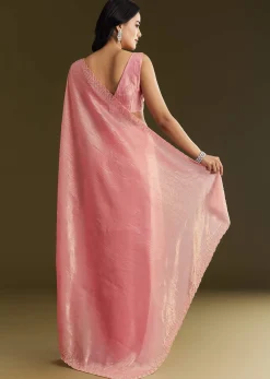 Pink Crepe Tissue Saree With Moti Beads And Cutdana Embroidery