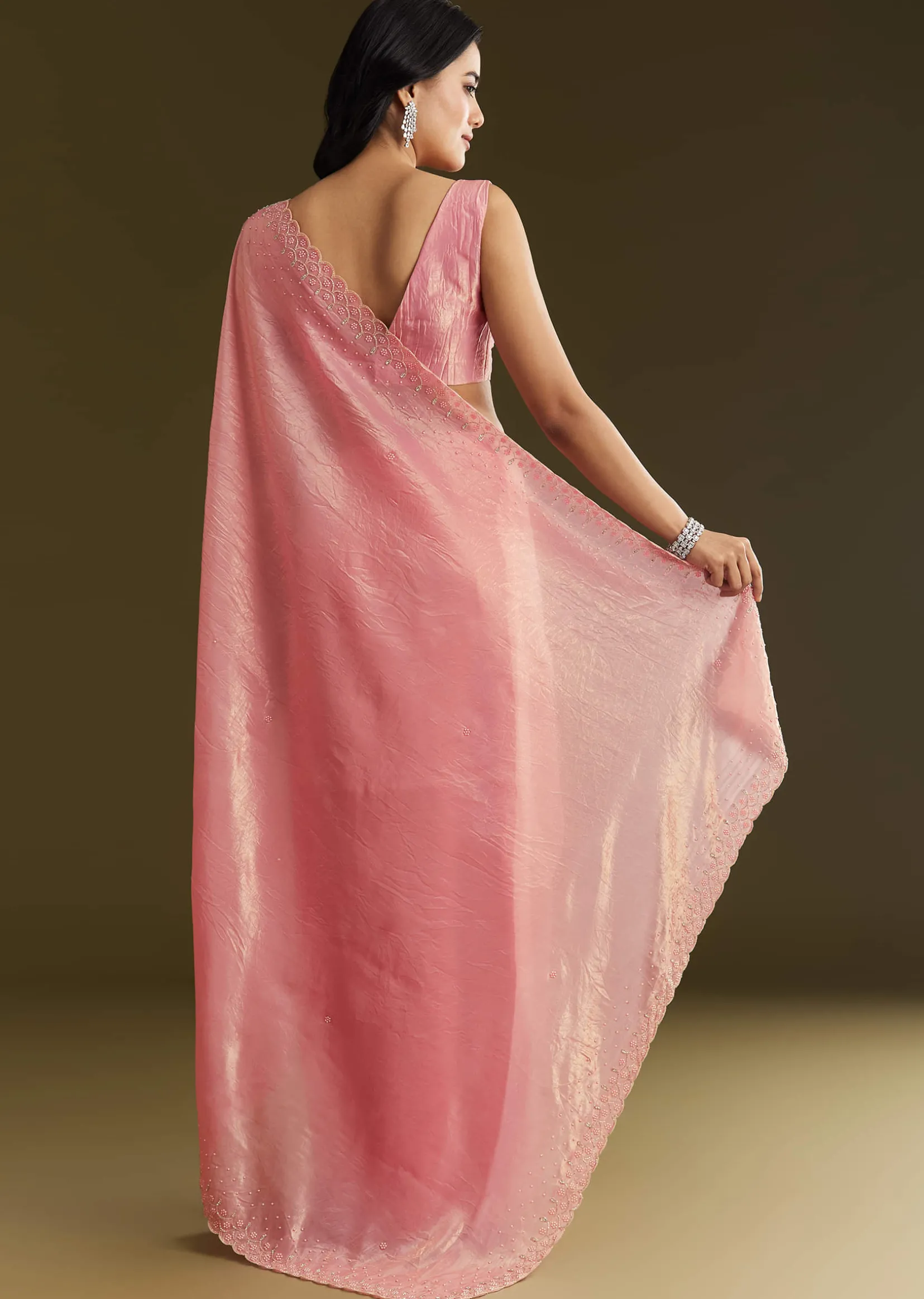 Pink Crepe Tissue Saree With Moti Beads And Cutdana Embroidery