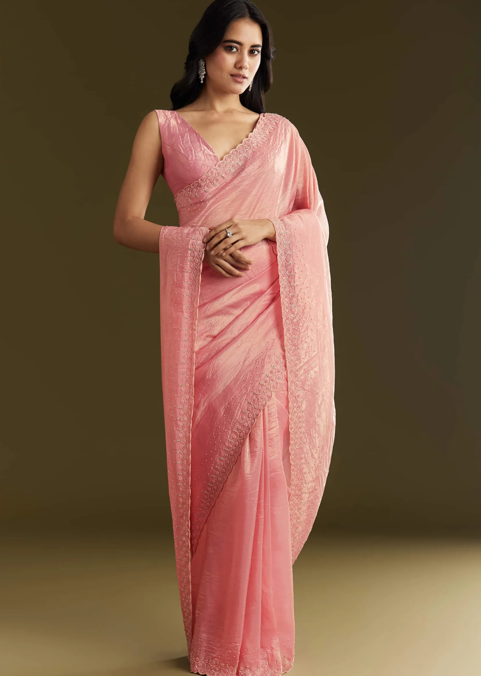 Pink Crepe Tissue Saree With Moti Beads And Cutdana Embroidery