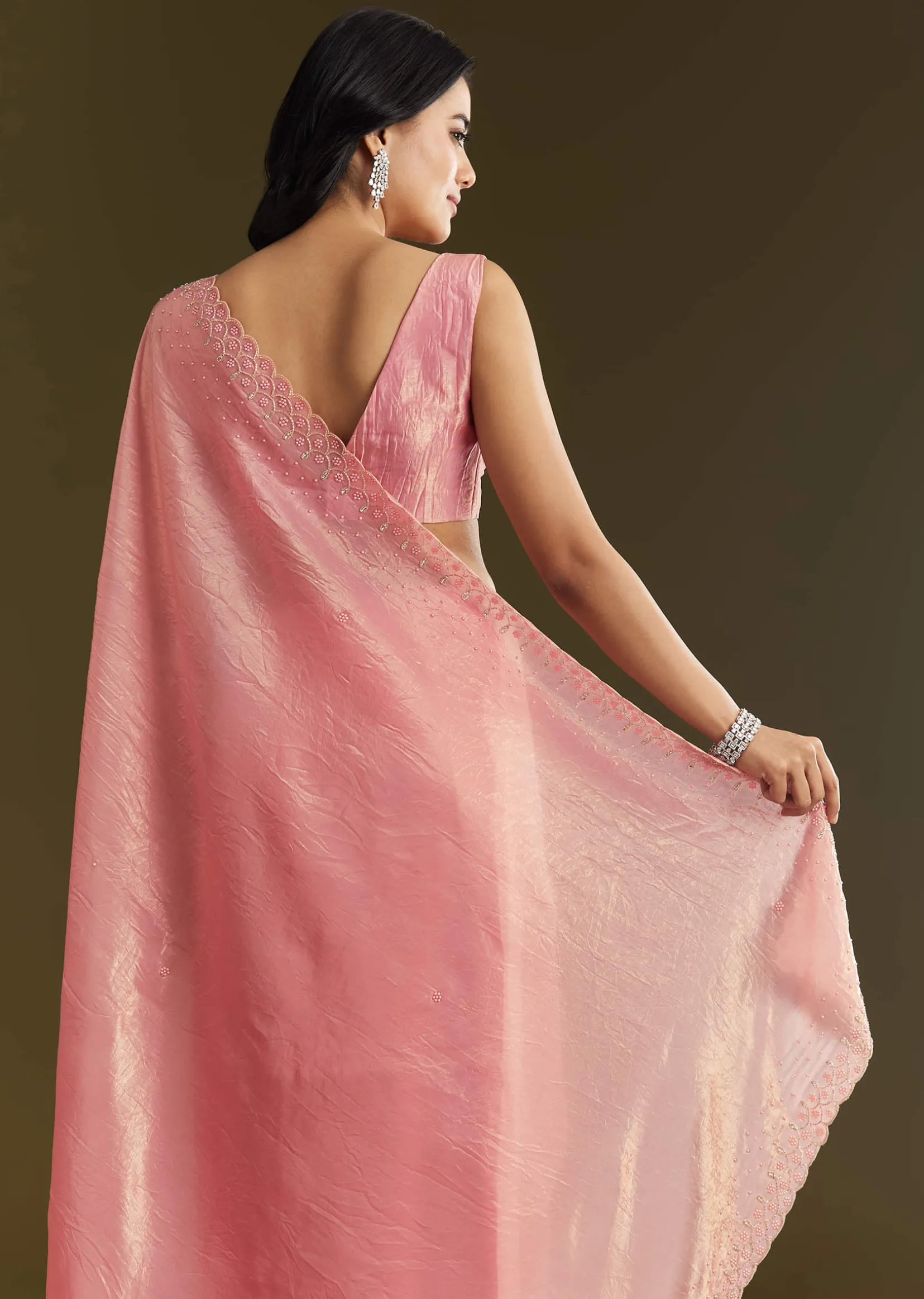 Pink Crepe Tissue Saree With Moti Beads And Cutdana Embroidery