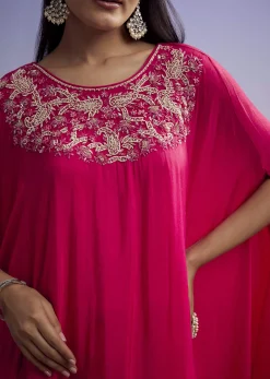 Pink Crop Top And Skirt Set With Moti And Sequins Work