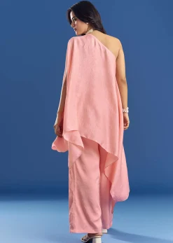 Pink Crush Silk One Shoulder Kurta With Pearl Neckpiece