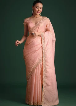 Pink Crushed Silk Saree With Sequin Work