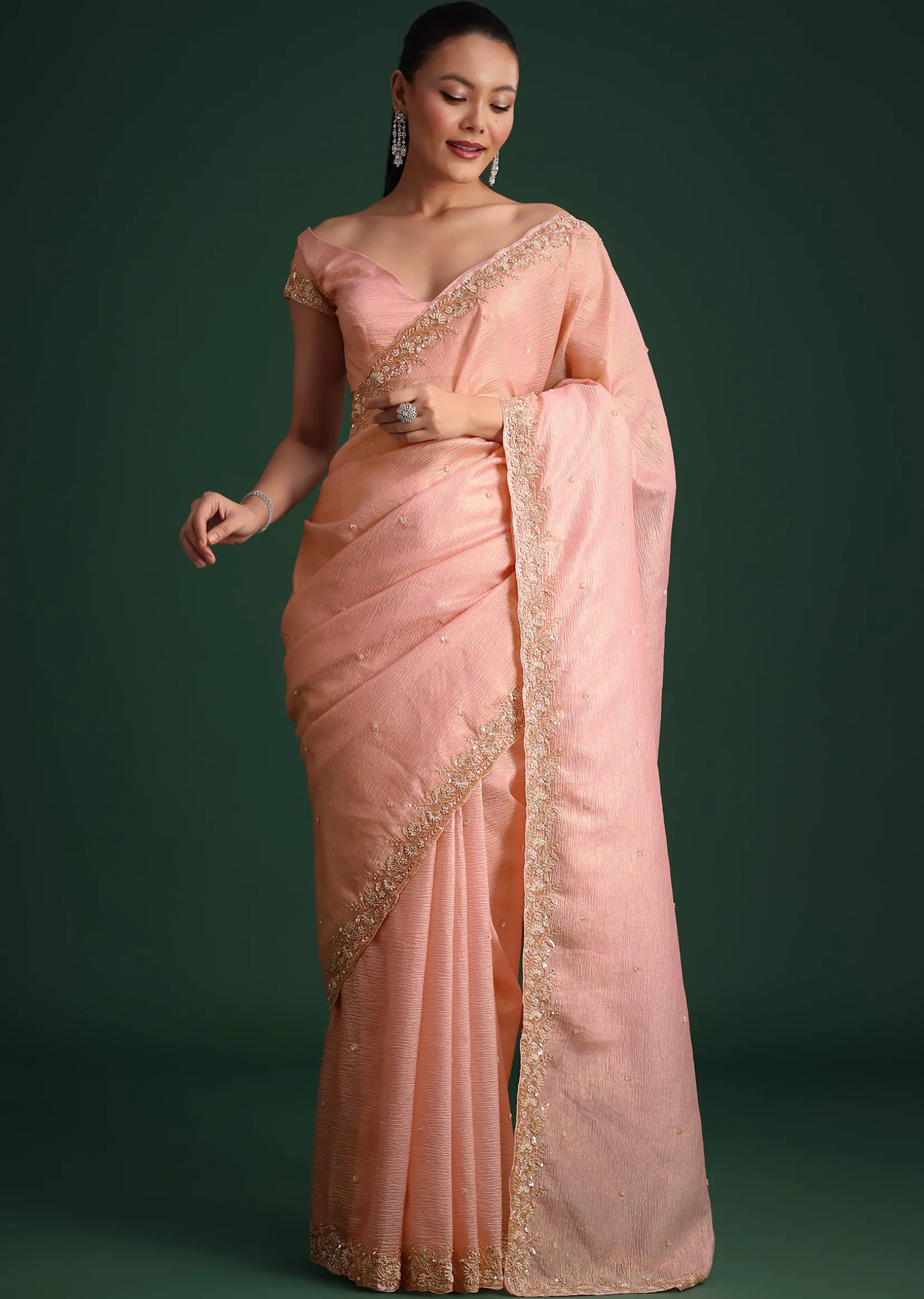 Pink Crushed Silk Saree With Sequin Work