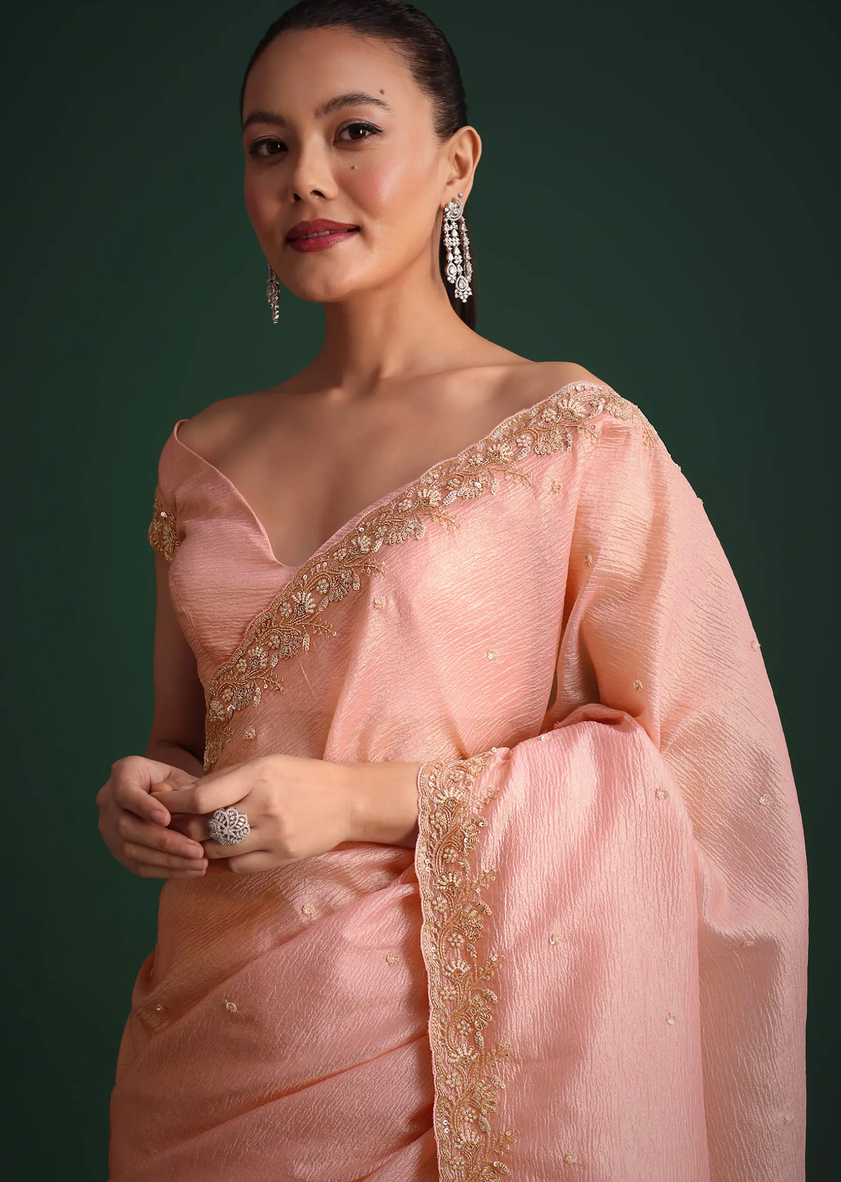 Pink Crushed Silk Saree With Sequin Work