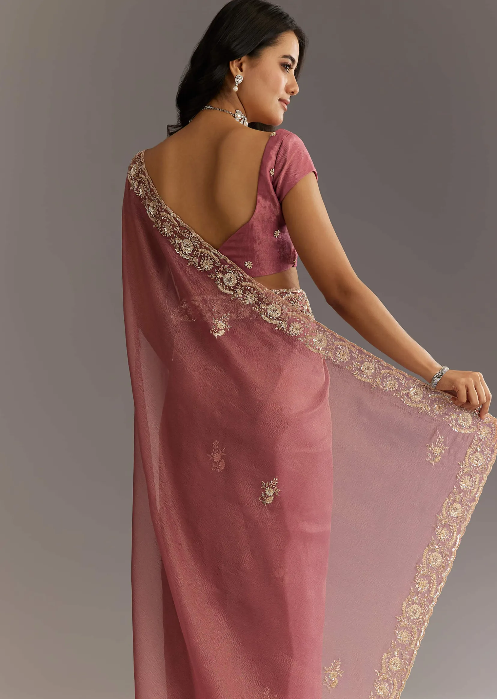 Pink Crushed Tissue Floral Embroidered Saree With Cutdana And Sequins