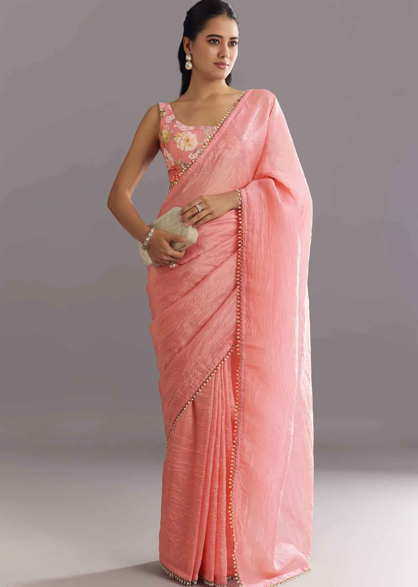 Pink Crushed Tissue Saree With Cutdana And Moti Embellished Border