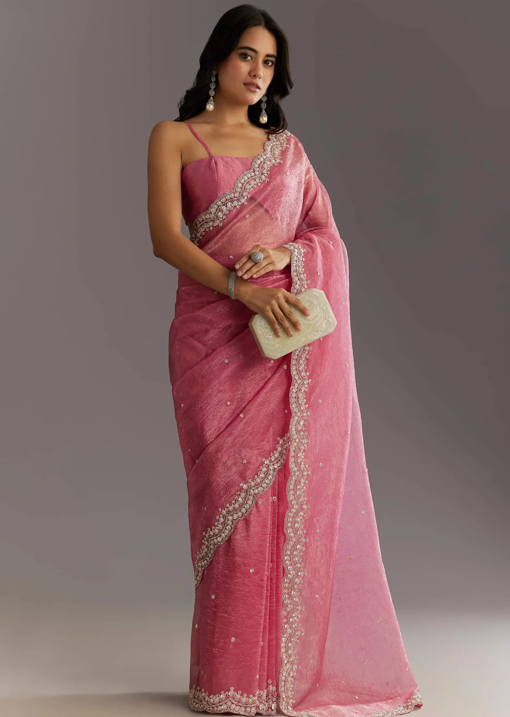 Pink Crushed Tissue Sequin Embroidered Saree With Scallop Border