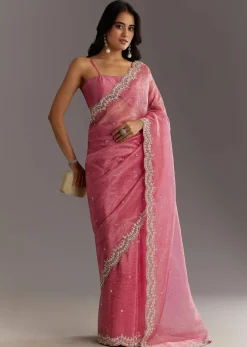Pink Crushed Tissue Sequin Embroidered Saree With Scallop Border