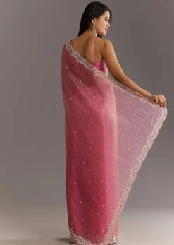 Pink Crushed Tissue Sequin Embroidered Saree With Scallop Border