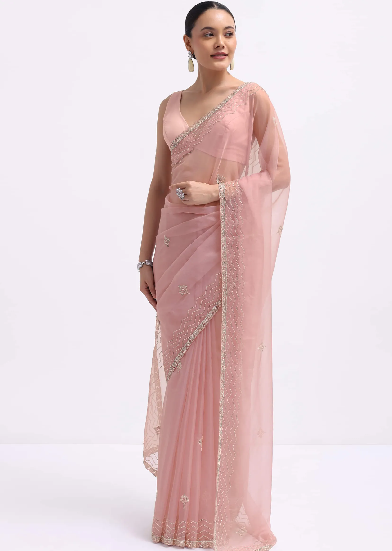 Pink Cutdana Embroidered Organza Saree With Unstitched Blouse