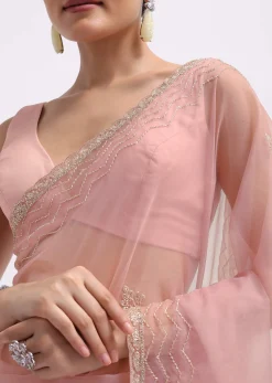 Pink Cutdana Embroidered Organza Saree With Unstitched Blouse