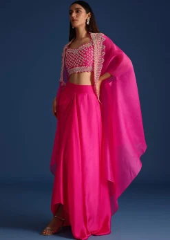 Pink Cutdana Embroidered Crop Top With Jacket And Skirt