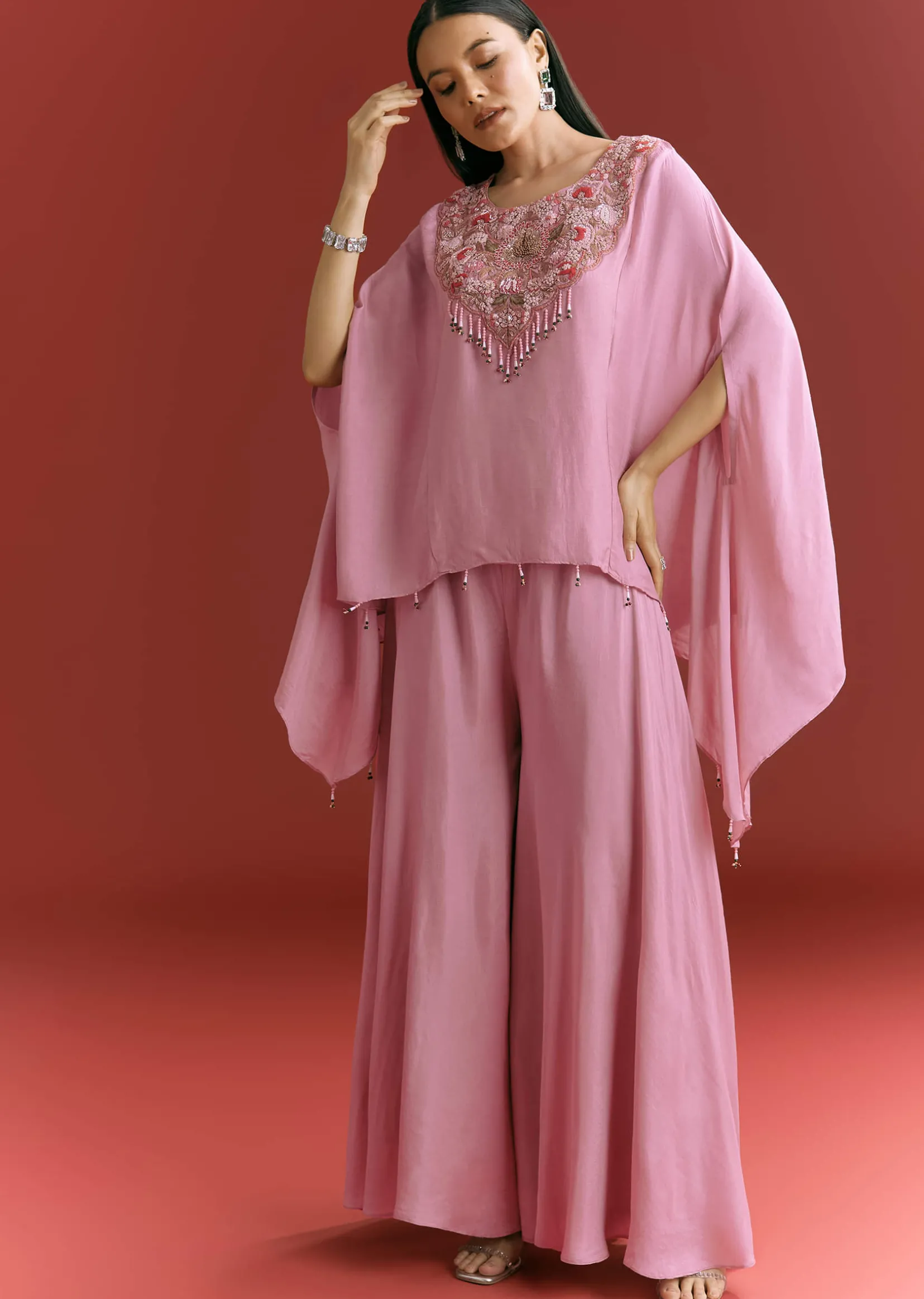 Pink Dola Silk Kaftaan Indowestern Suit With Zardosi Work