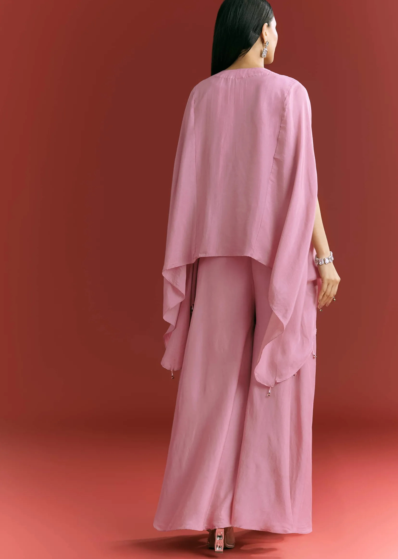 Pink Dola Silk Kaftaan Indowestern Suit With Zardosi Work