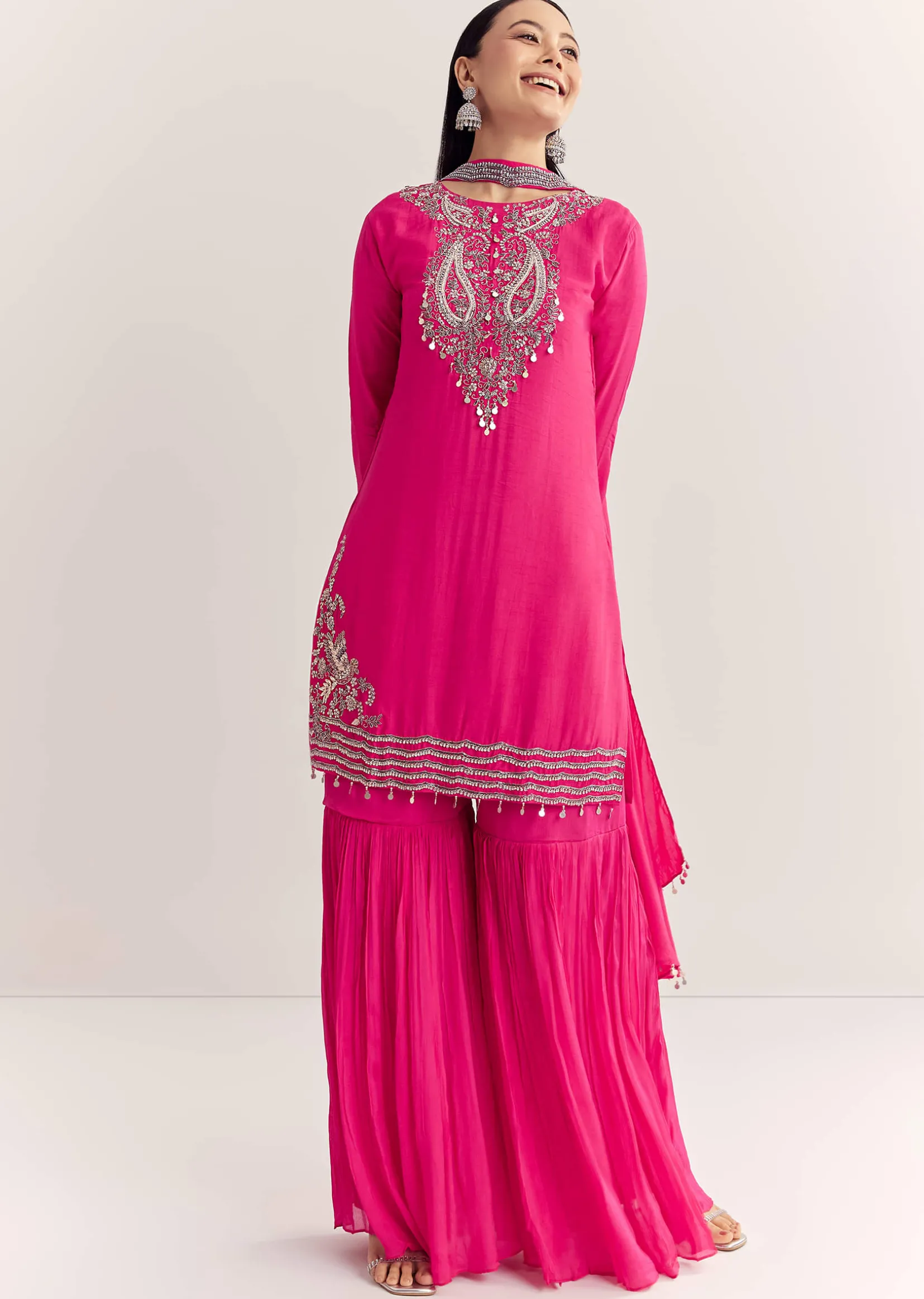 Pink Dola Silk Kurta Set With Zardosi And Choker Dupatta
