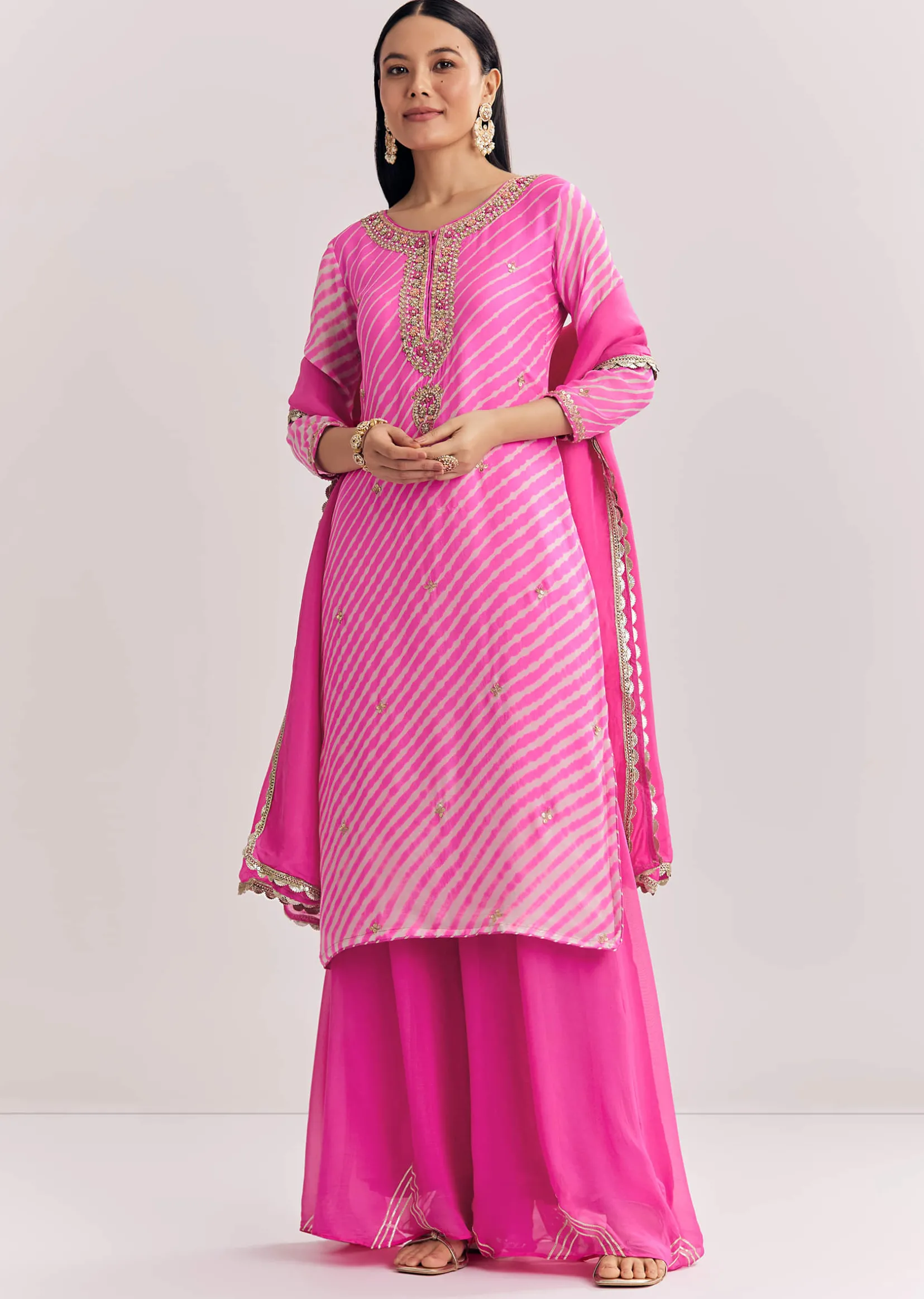 Pink Dola Silk Palazzo Suit With Zardosi Work
