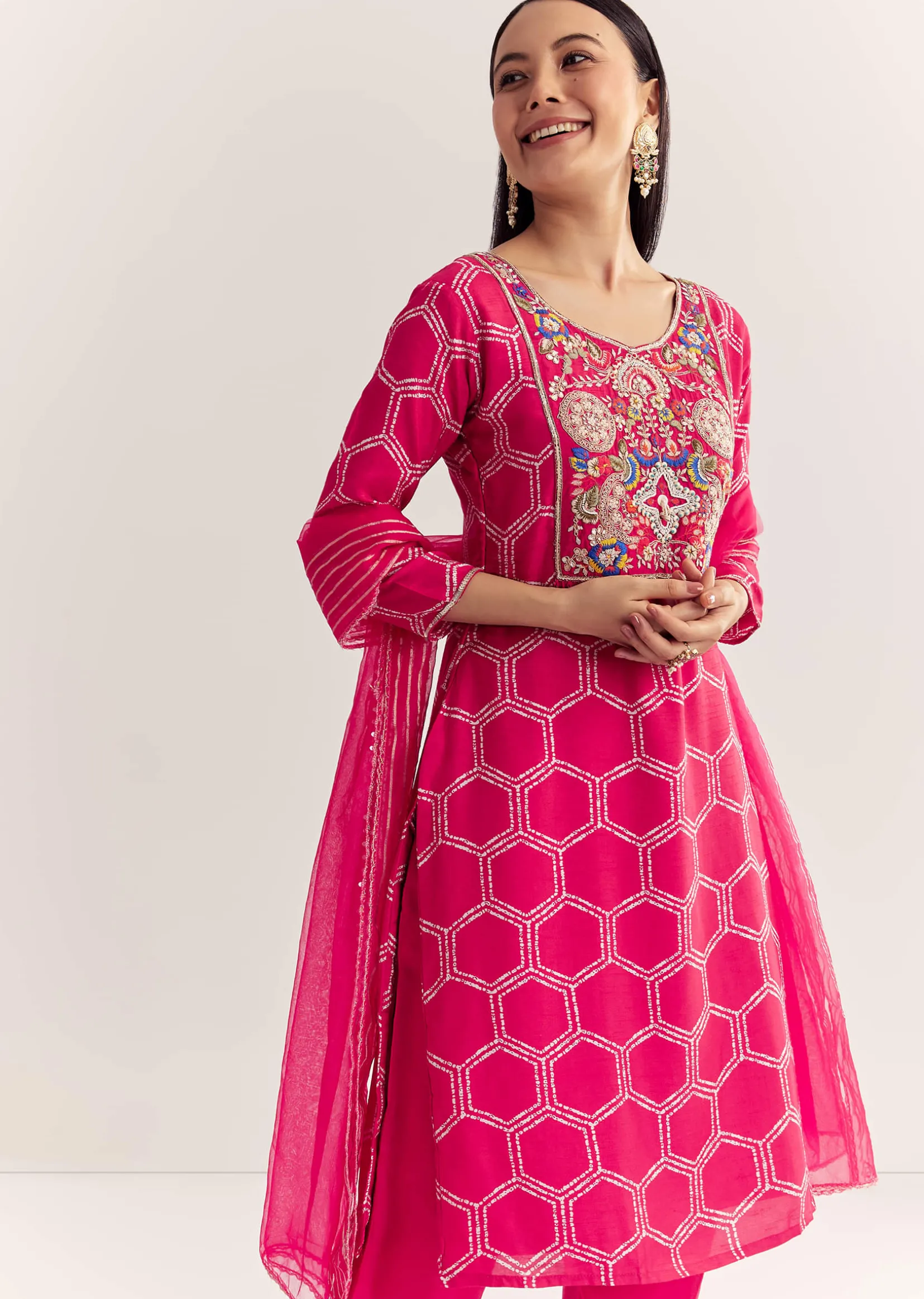 Pink Dola Silk Printed Kurta Dupatta Set With Embroidered Neckline