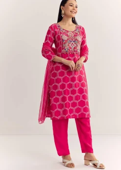 Pink Dola Silk Printed Kurta Dupatta Set With Embroidered Neckline