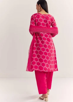 Pink Dola Silk Printed Kurta Dupatta Set With Embroidered Neckline