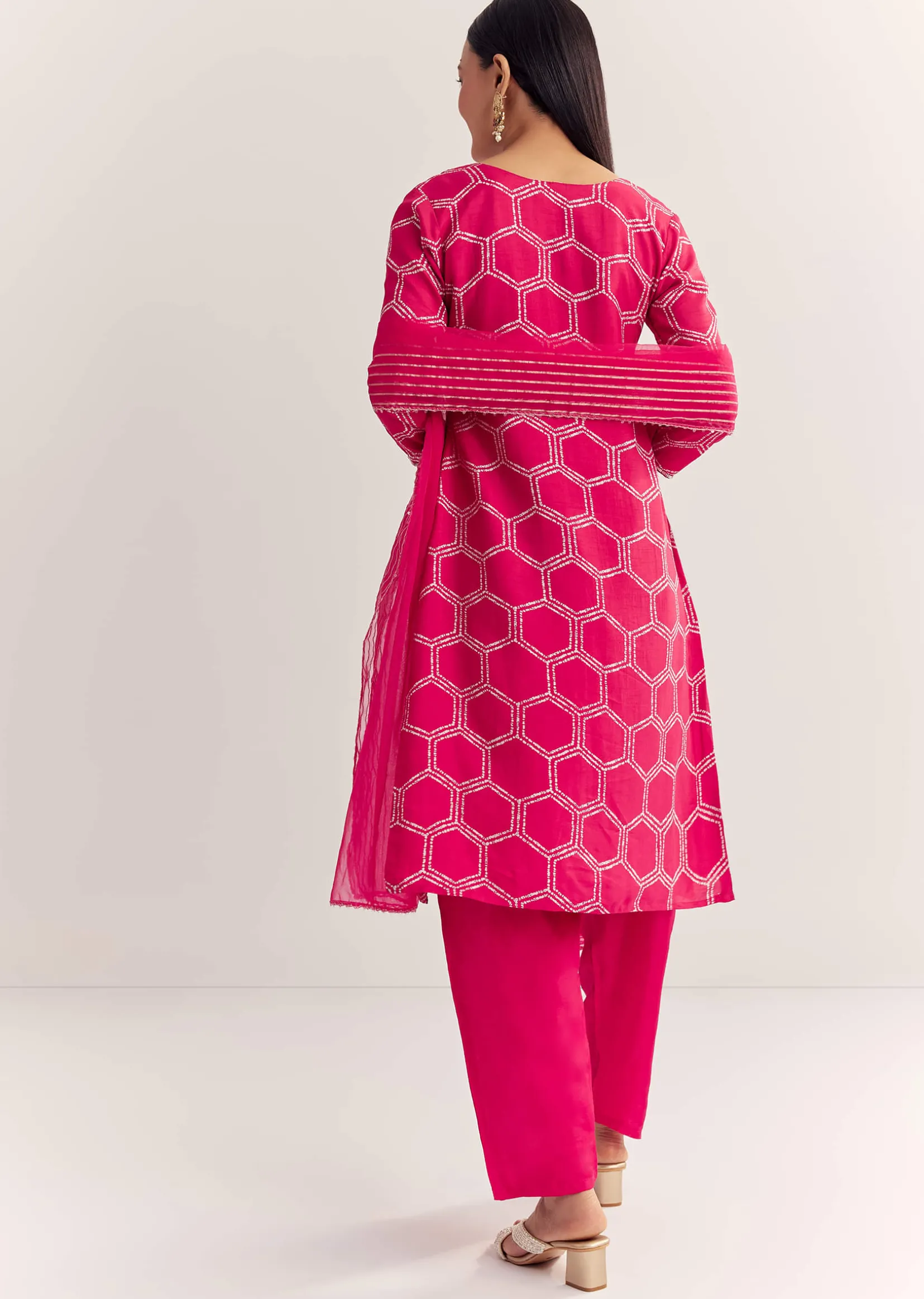 Pink Dola Silk Printed Kurta Dupatta Set With Embroidered Neckline
