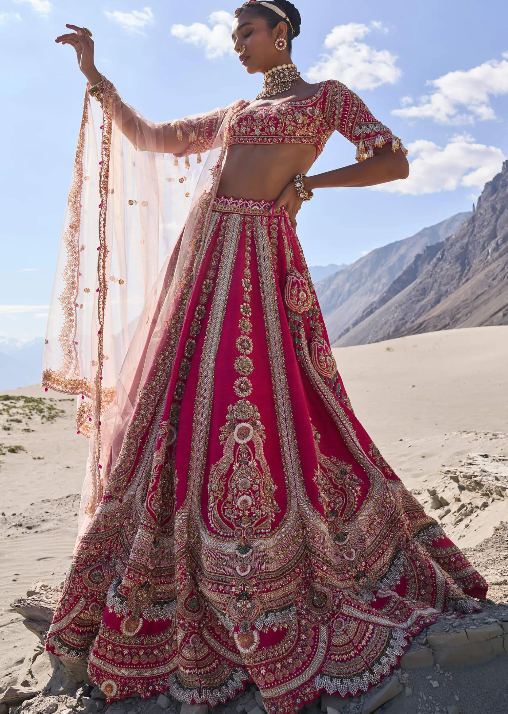 Pink Embroidered Bridal Lehenga With Two Dupattas