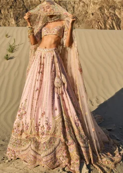 Pink Embroidered Butti Work Bridal Lehenga With Two Dupattas