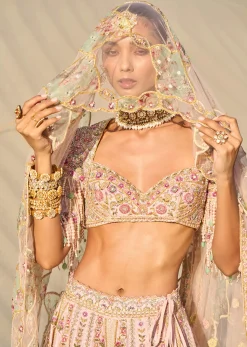 Pink Embroidered Butti Work Bridal Lehenga With Two Dupattas