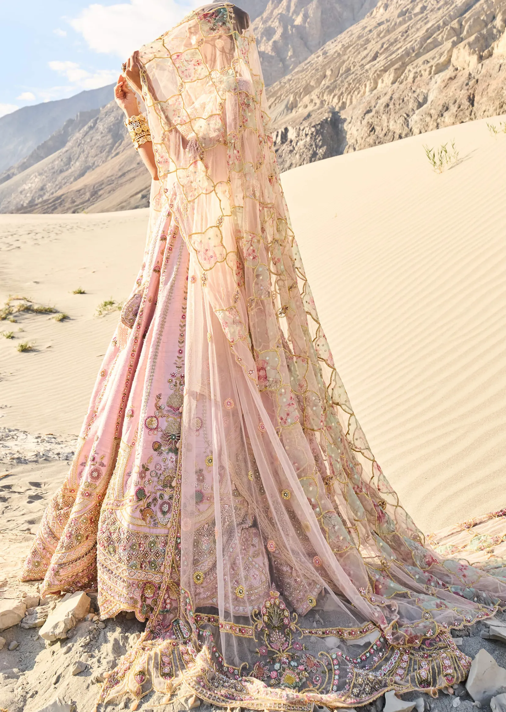 Pink Embroidered Butti Work Bridal Lehenga With Two Dupattas