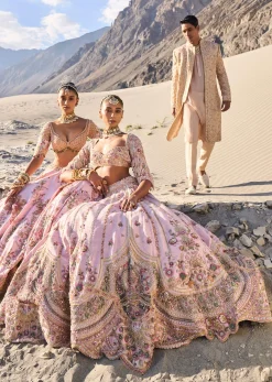 Pink Embroidered Butti Work Bridal Lehenga With Two Dupattas