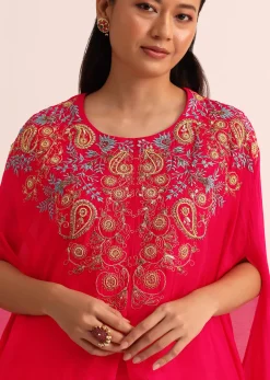 Pink Embroidered Chiffon Skirt And Cape