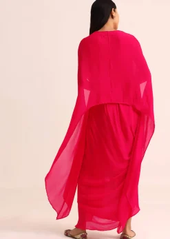 Pink Embroidered Chiffon Skirt And Cape
