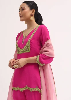Pink Embroidered Chiffon Kurta Sharara Set