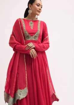 Pink Embroidered Chiffon Anarkali With Tissue Dupatta