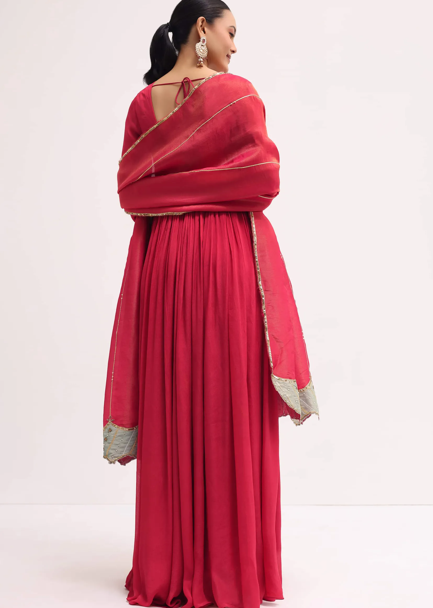 Pink Embroidered Chiffon Anarkali With Tissue Dupatta