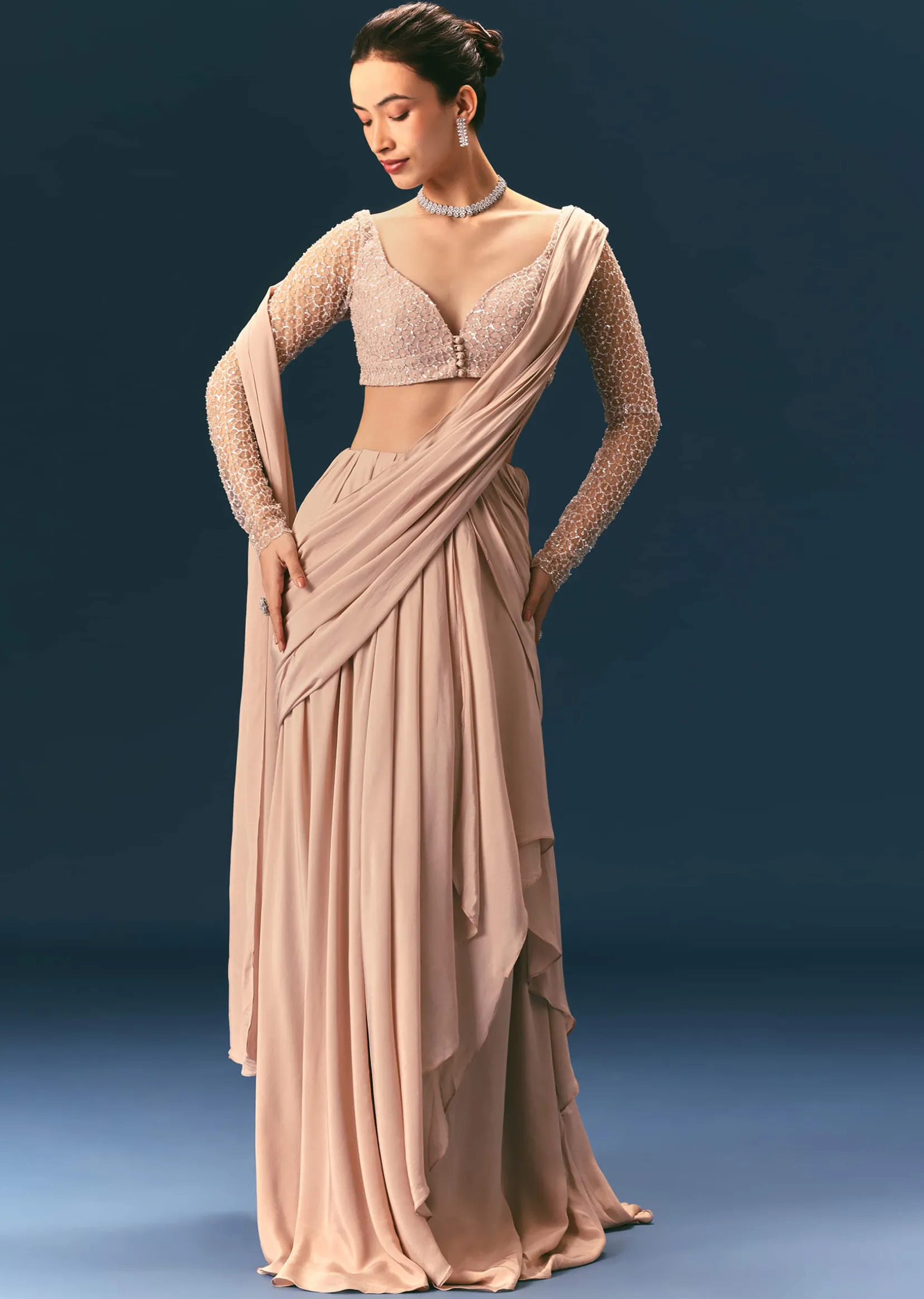 Pink Embroidered Draped Skirt Saree With Blouse