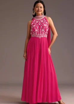Pink Embroidered Jumpsuit With Choker Net Dupatta