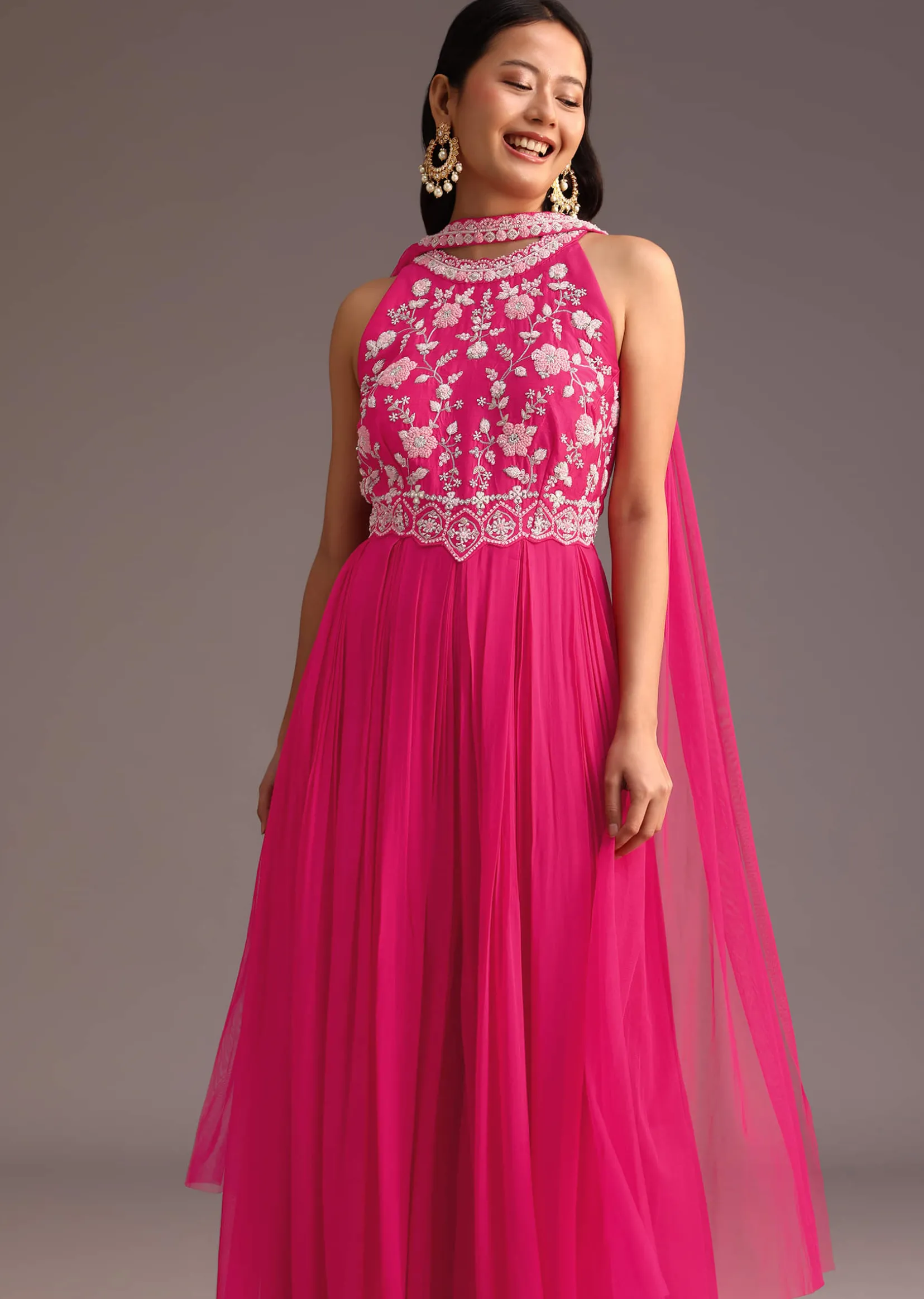 Pink Embroidered Jumpsuit With Choker Net Dupatta